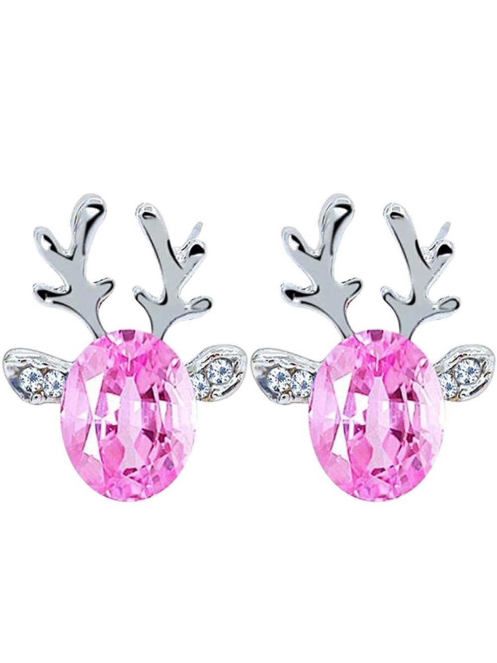 Silver & Pink Crystal Reindeer Stud Holiday Earrings New